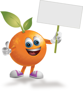 Imagen de una naranja animada llamada Andy sosteniendo un cartel
