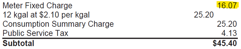 Line 1 - Meter Fixed Charge: 16.07; Line 2 - 12 kgal at $2.10 per kgal: 25.20; Line 3 - Consumption Summary Charge: 25.20; Public Service Tax: 4.13; Line 4 - Subtotal: $45.40
