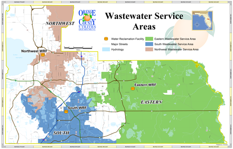 Map of Orange County, Florida Wastewater Service Areas. The Northwest Service Area serves unincorporated Orange County from near Apopka, extending south to just Chase Road just south of Lake Butler. The Northwest Water Reclamation Facility is located east of FL-429 and south of FL-414. The South Service Area serves unincorporated Orange County, beginning south of Tilden Road, moving east to Lake Conway, and south to the county border. The South Water reclamation Facility is located off Sand Lake Road, west of Florida’s Turnpike. The Eastern Service Area serves unincorporated Orange County from Lake Conway, extending to eastwardly to the northern, eastern, and southern county borders. The Eastern Water Reclamation Facility is located of Alafaya Trail, south of FL-408. 