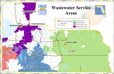 Map of Orange County, Florida Wastewater Service Areas. The Northwest Service Area serves unincorporated Orange County from near Apopka, extending south to just Chase Road just south of Lake Butler. The Northwest Water Reclamation Facility is located east of FL-429 and south of FL-414. The South Service Area serves unincorporated Orange County, beginning south of Tilden Road, moving east to Lake Conway, and south to the county border. The South Water reclamation Facility is located off Sand Lake Road, west of Florida’s Turnpike. The Eastern Service Area serves unincorporated Orange County from Lake Conway, extending to eastwardly to the northern, eastern, and southern county borders. The Eastern Water Reclamation Facility is located of Alafaya Trail, south of FL-408. 